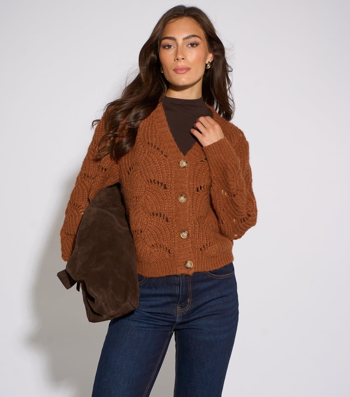 Gini London Women's Tan Pointelle Knit Long Sleeve Cardigan Gini London New Look