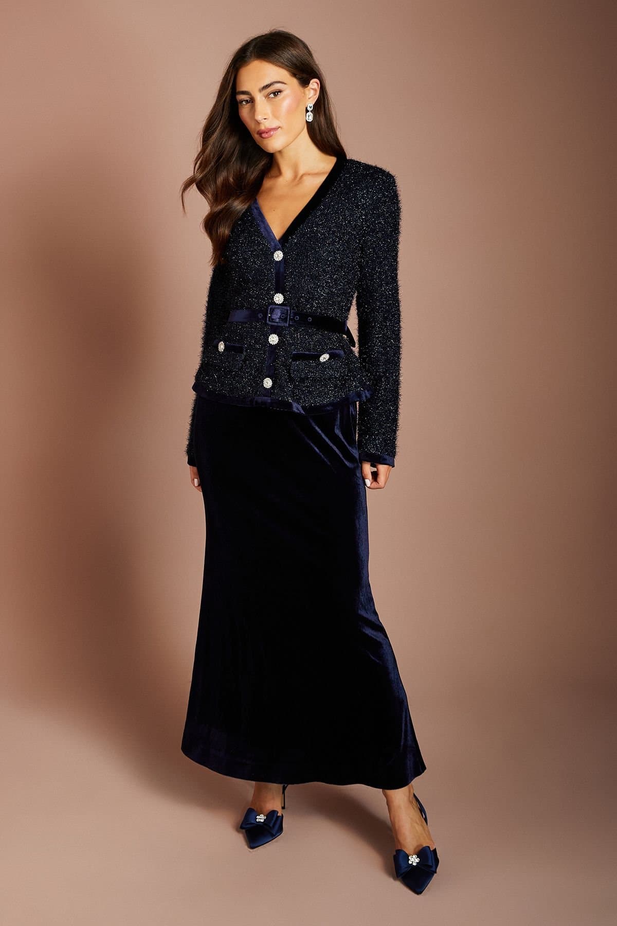 Coast Coast Women's Tweed Long Sleeve Bodice With Velvet Skirt Midi Dress in Navy