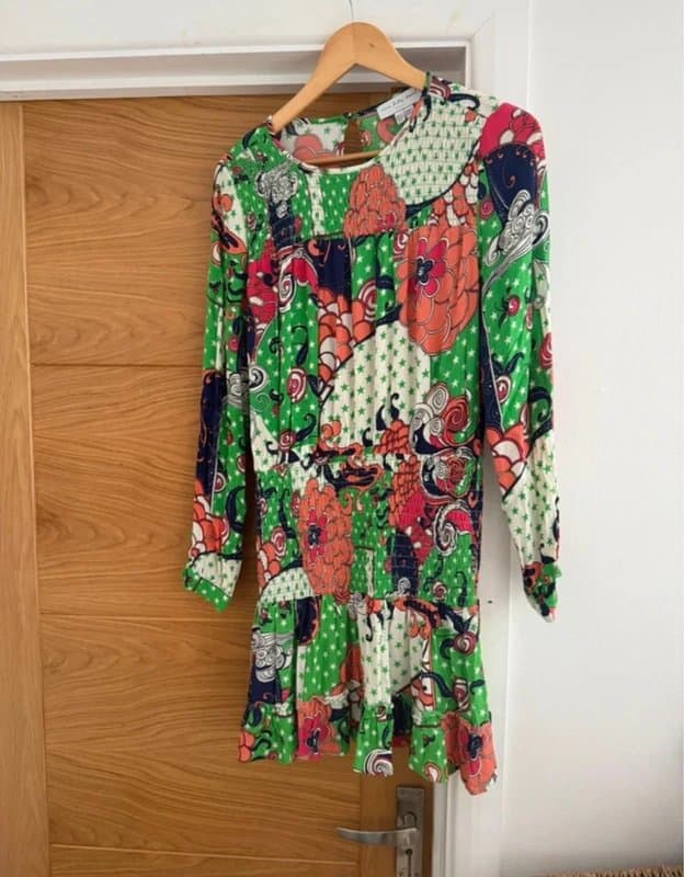 Never Fully Dressed Never Fully Dressed Green Multicoloured Funky Abstract Floral Star Swirl Print Shirred Mini Dress