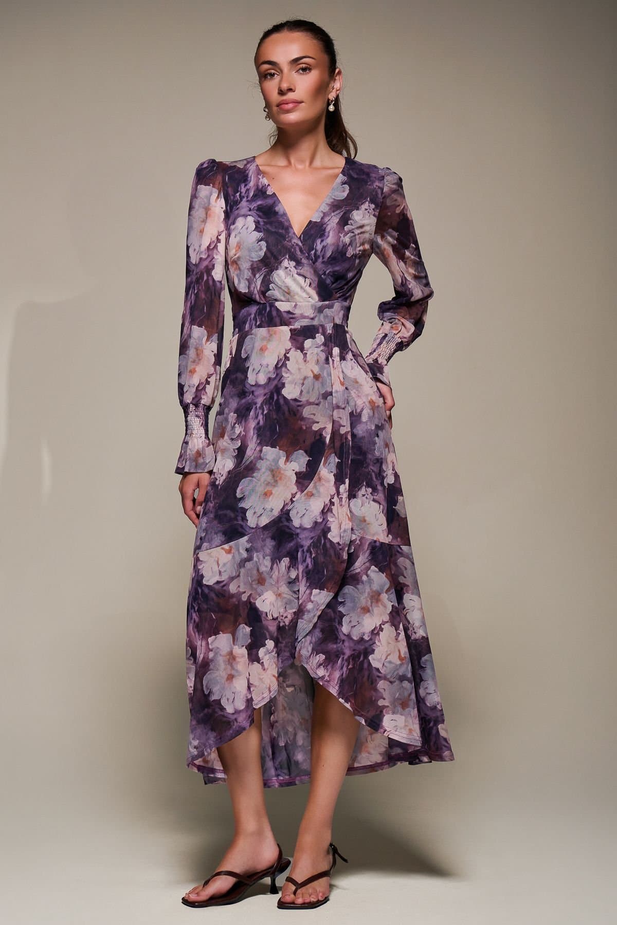 Jolie Moi Jolie Moi Women's Ruffle Cuffed Sleeve Frill Mesh Maxi Dress in Purple