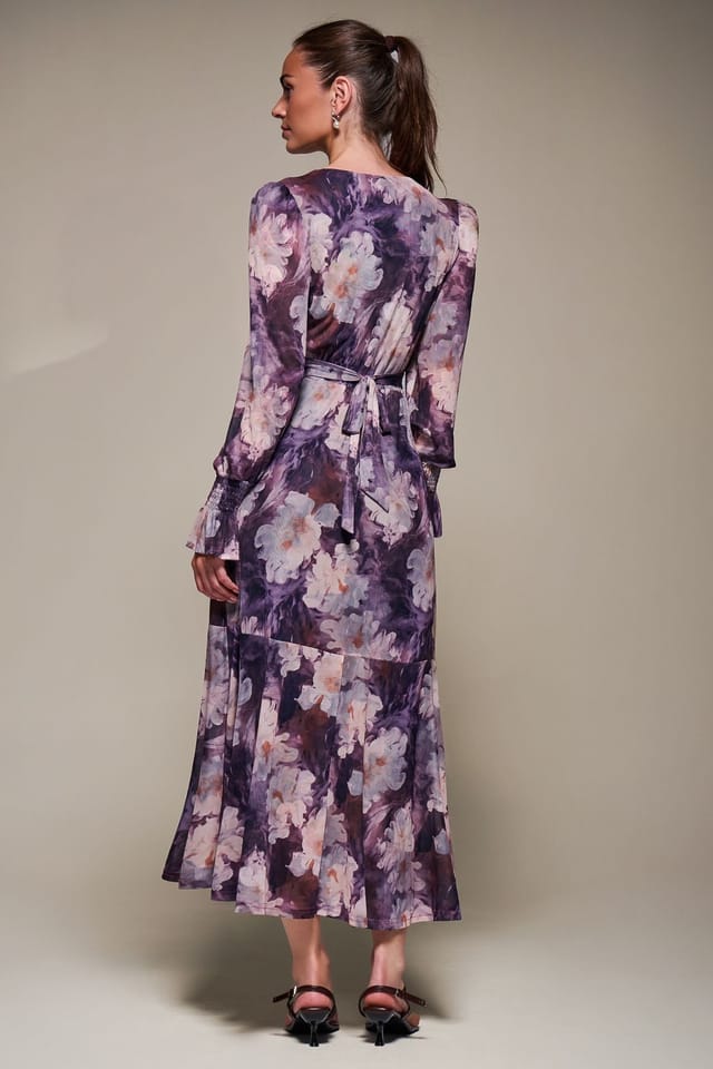 Jolie Moi Jolie Moi Women's Ruffle Cuffed Sleeve Frill Mesh Maxi Dress in Purple - 2