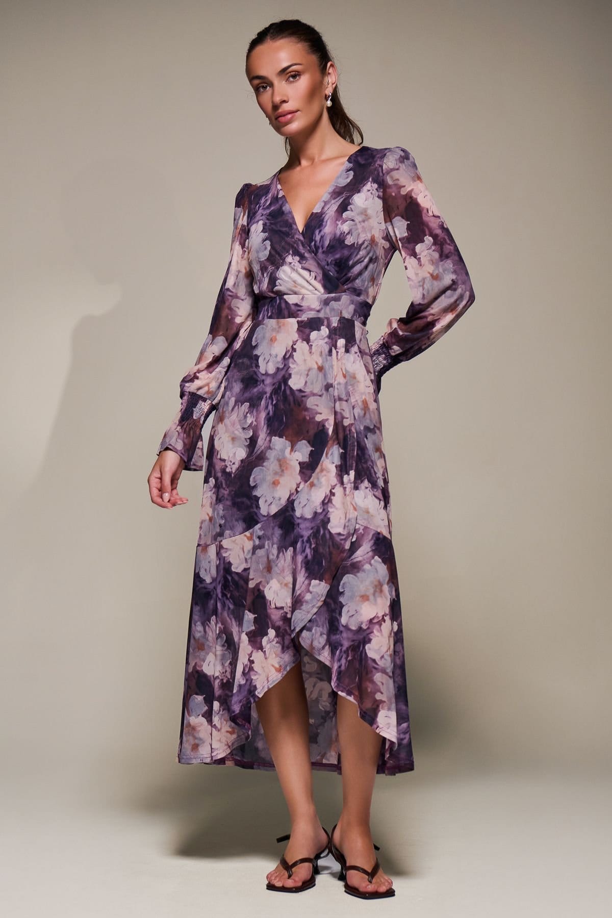 Jolie Moi Jolie Moi Women's Ruffle Cuffed Sleeve Frill Mesh Maxi Dress in Purple - 4