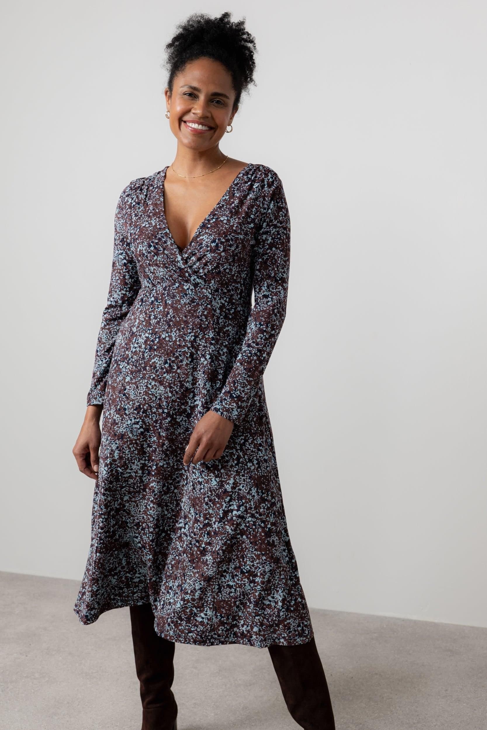 Lily & Me Lily & Me Women's Rosewrap Floral print Crossover Wrap Dress with Empire line at bust in Chocolate