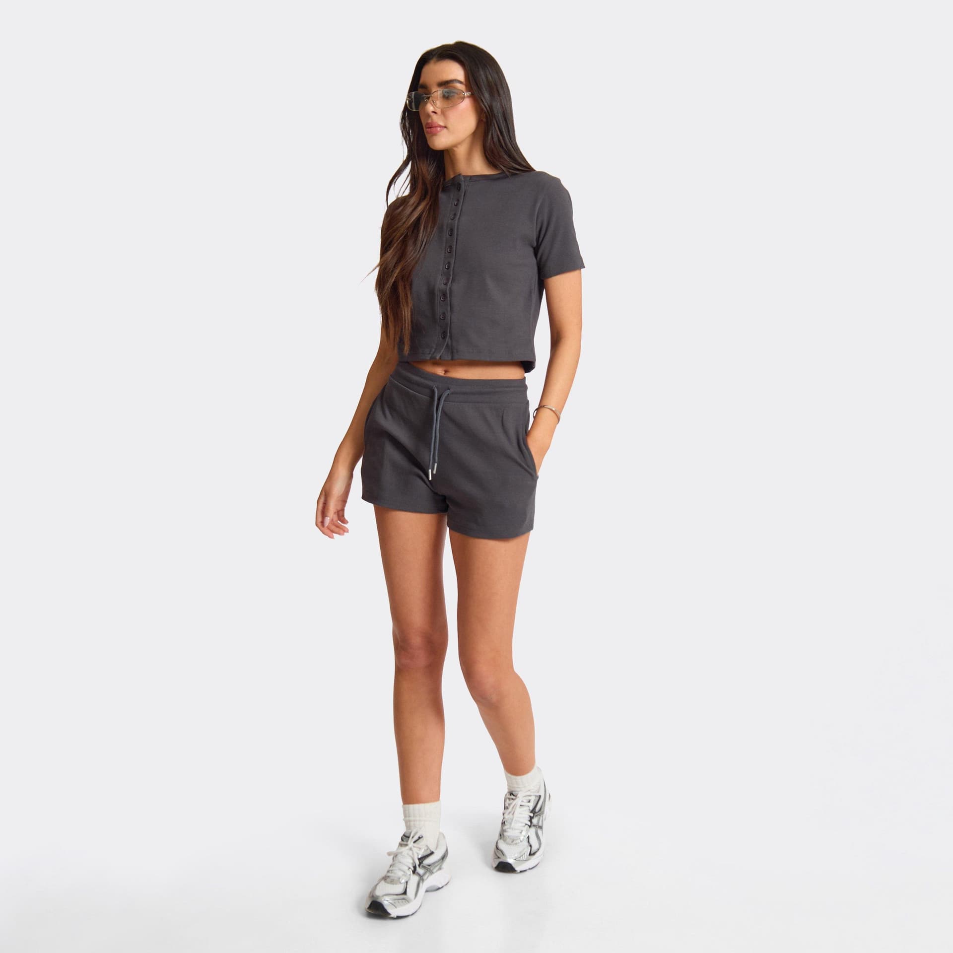EGO Drawstring Waist Sweat Shorts In Charcoal Ribbed, Women's Size UK L