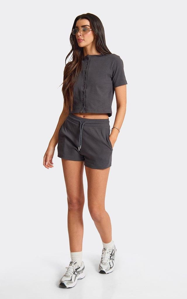 EGO Drawstring Waist Sweat Shorts In Charcoal Ribbed, Women's Size UK L - 2