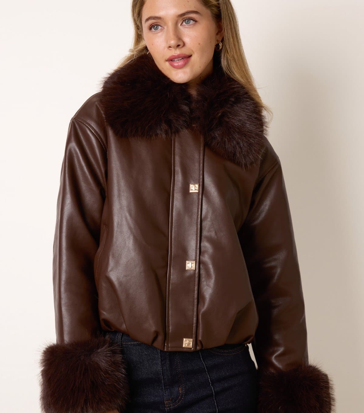 Blue Vanilla Women's Dark Brown Faux Fur Collar and Cuff Faux Leather Cropped Jacket Blue Vanilla New Look