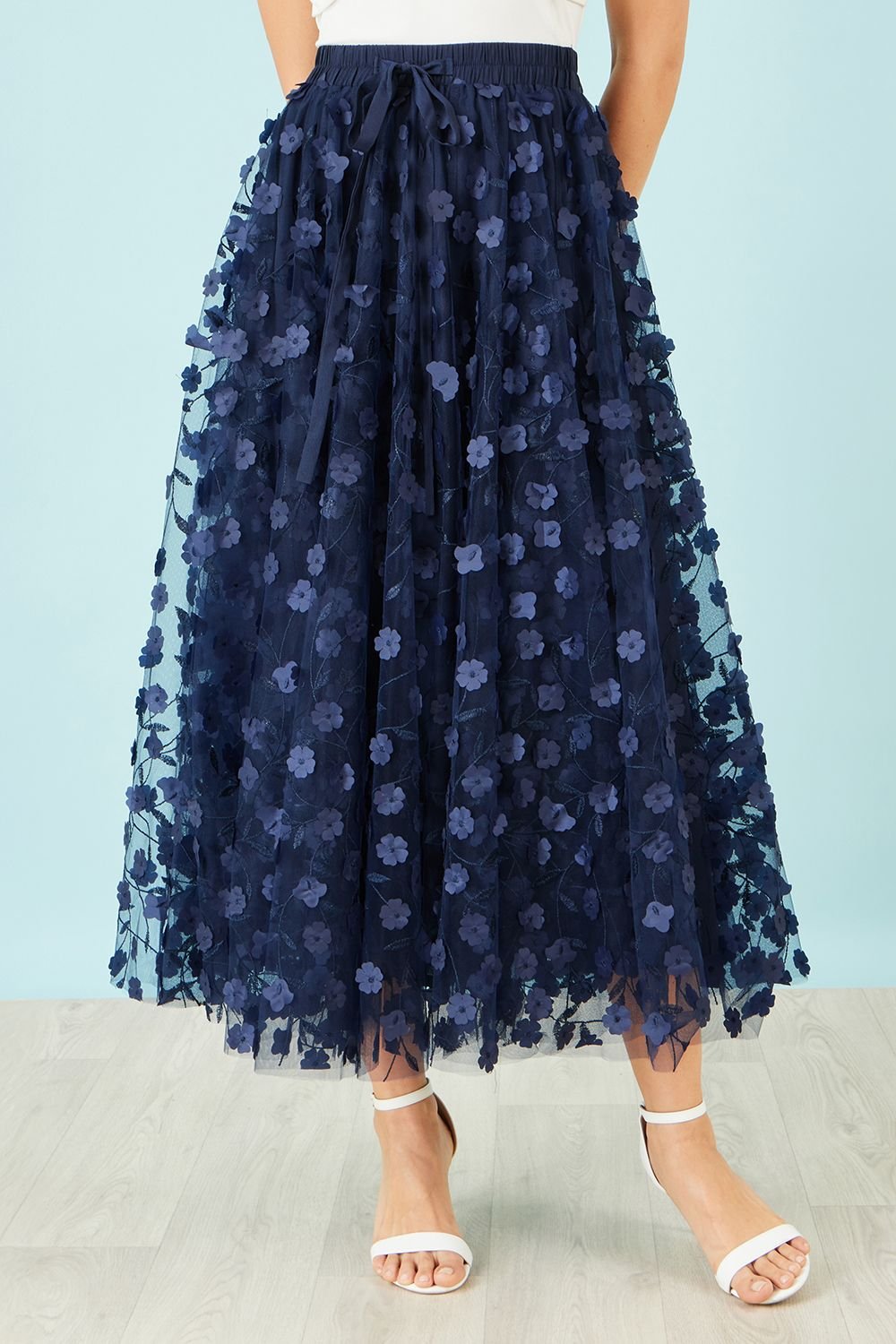 Yumi Yumi Women's Navy Mesh Floral Applique Midi Skirt - 2