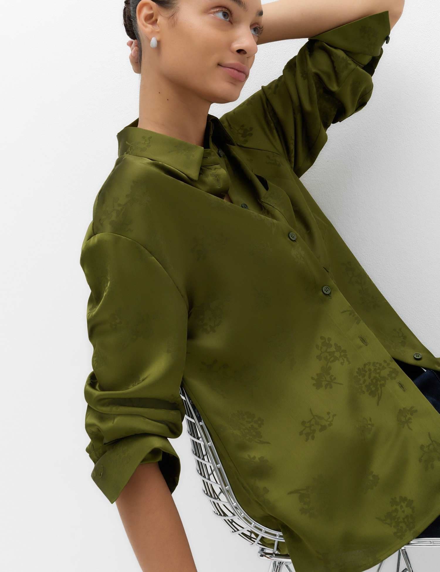 Marks & Spencer M&S Satin Jacquard Utility Shirt Sage