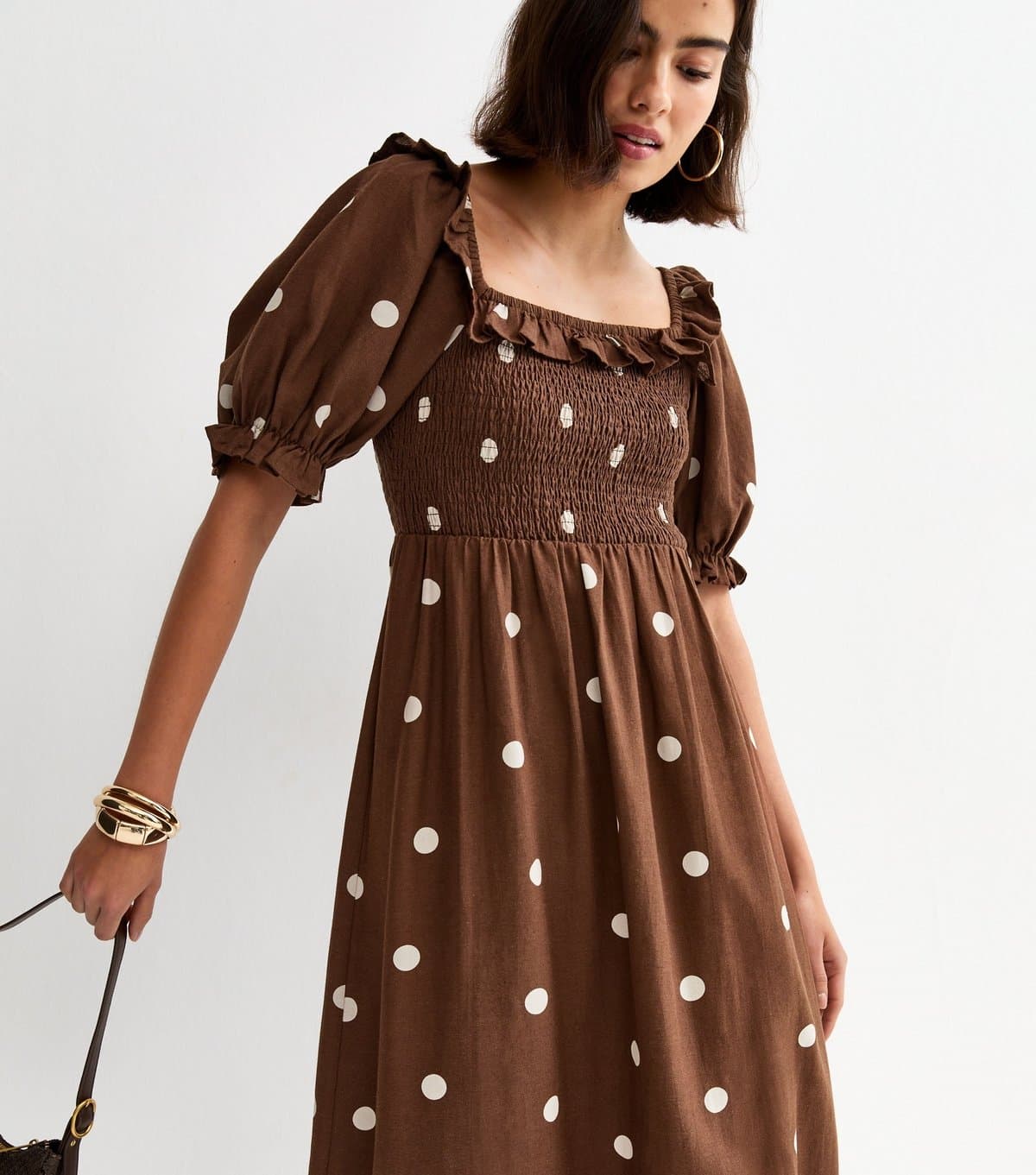 New Look Women's Brown Polka Dot Puff Sleeve Shirred Midi Dress New Look