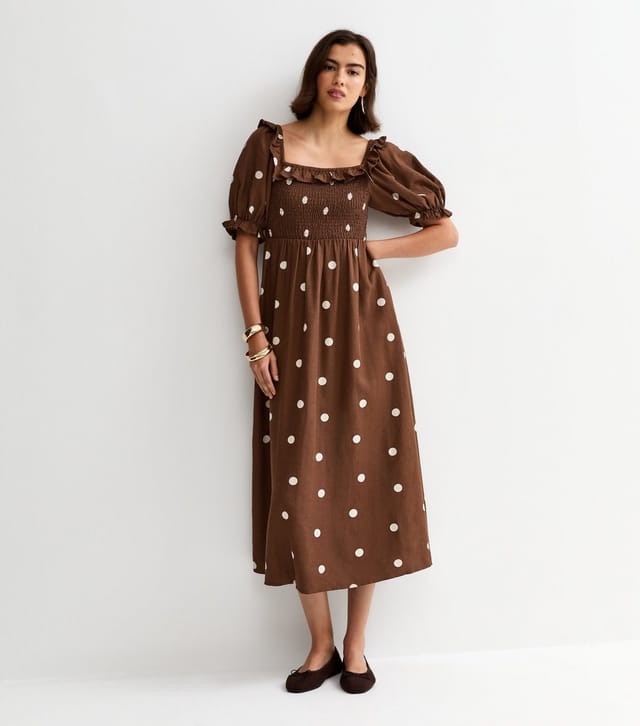 New Look Women's Brown Polka Dot Puff Sleeve Shirred Midi Dress New Look - 3