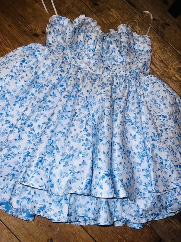 ASOS ASOS Luxe Blue White Floral Bandeau Ruffle Mini Dress - Size 14 BNWT