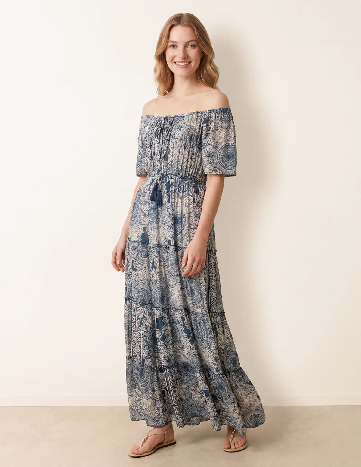 Blue Vanilla Tie Front Bardot Maxi Dress