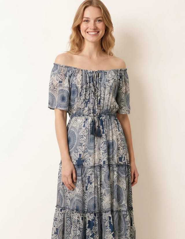 Blue Vanilla Tie Front Bardot Maxi Dress - 3