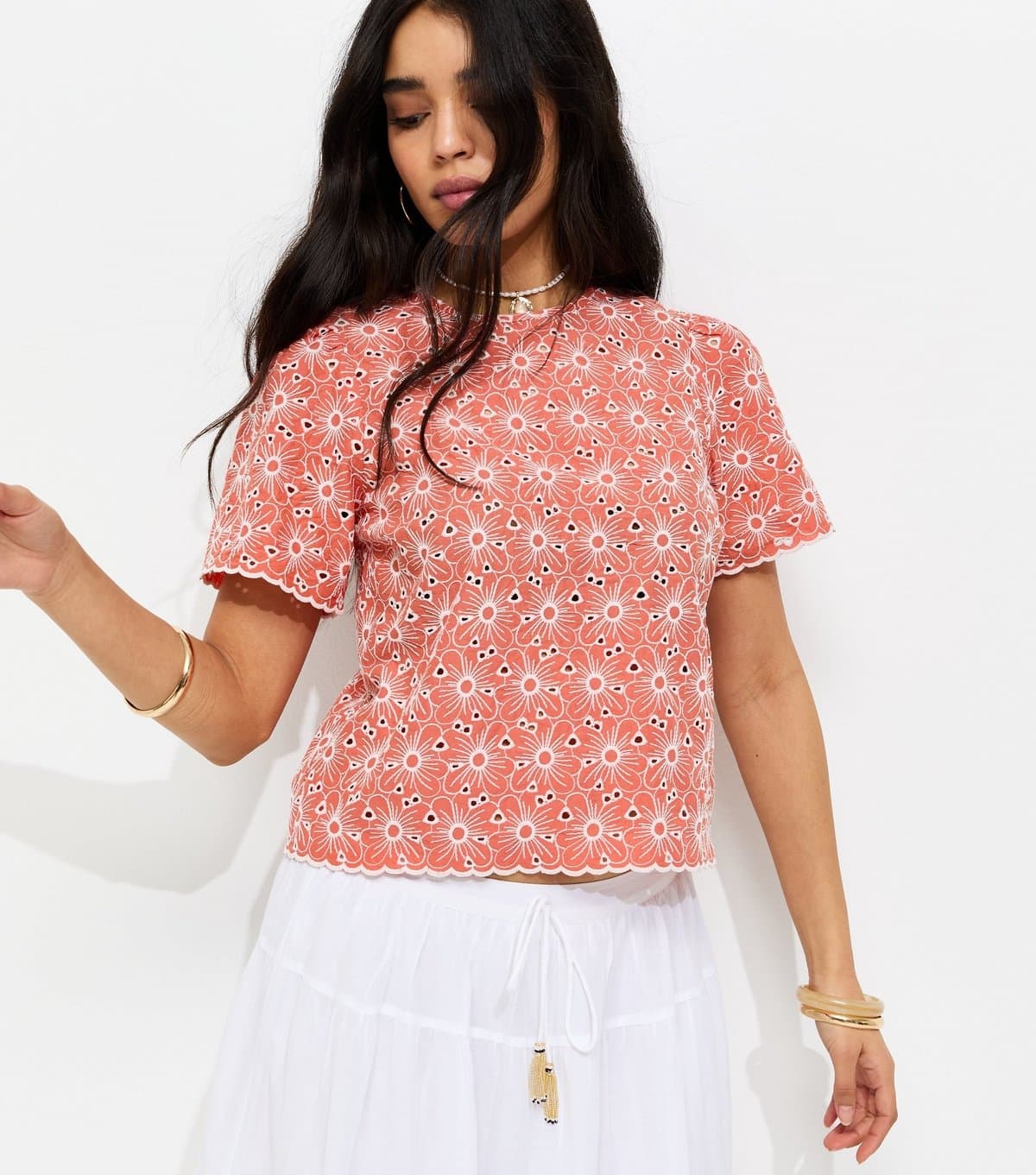 New Look Women's Light Coral Cutwork Floral Crew Neck Top New Look