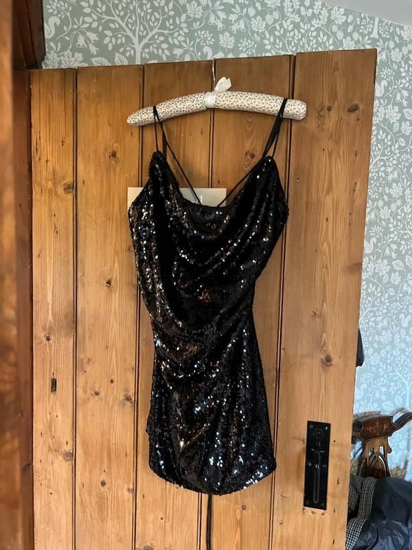 ASOS Design Black Sequin Sparkle Cowl Neck Mini Dress with Lace Up Back