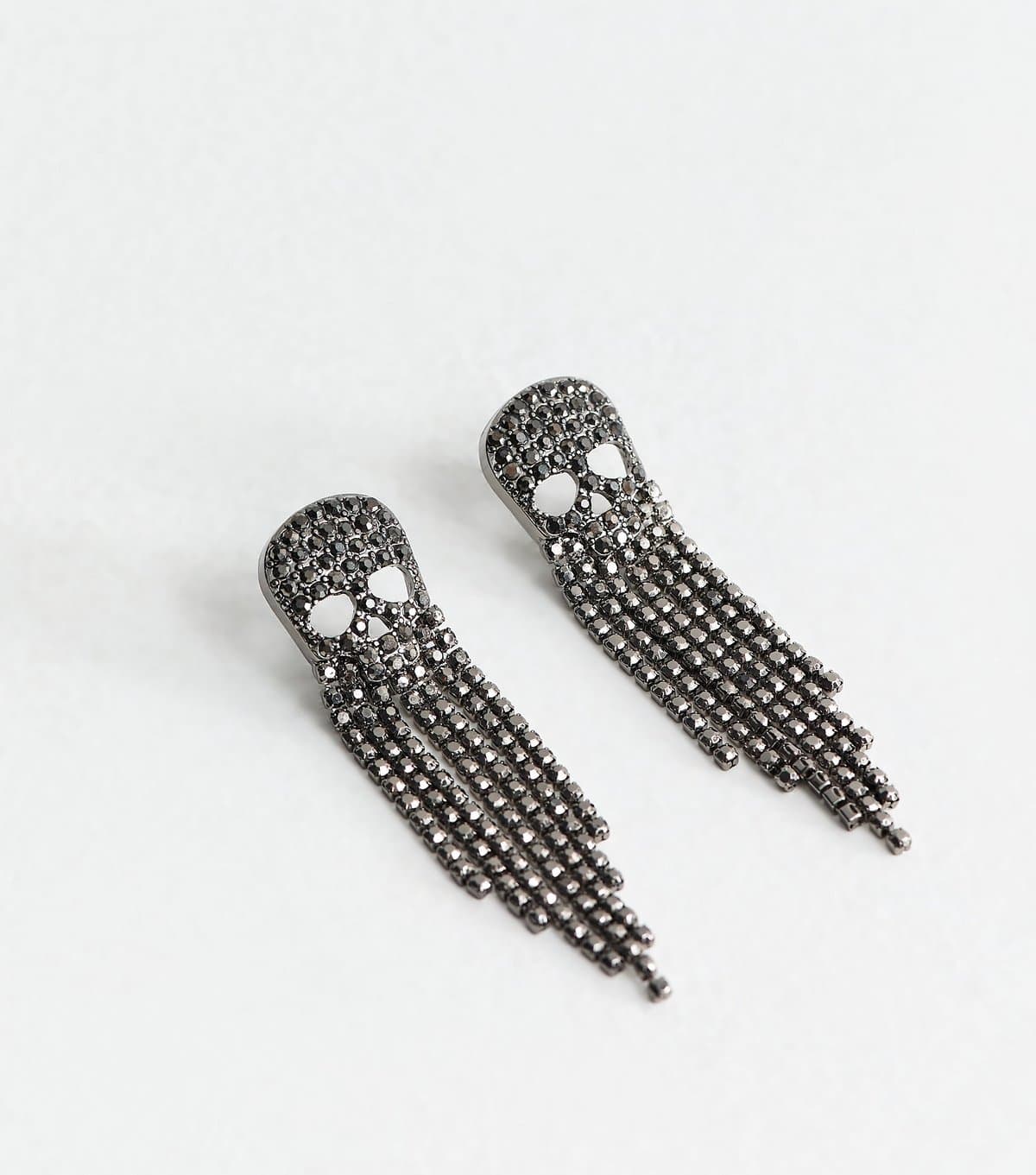New Look New Look Dark Grey Rhinestone Embellished Tassel Skull Drop