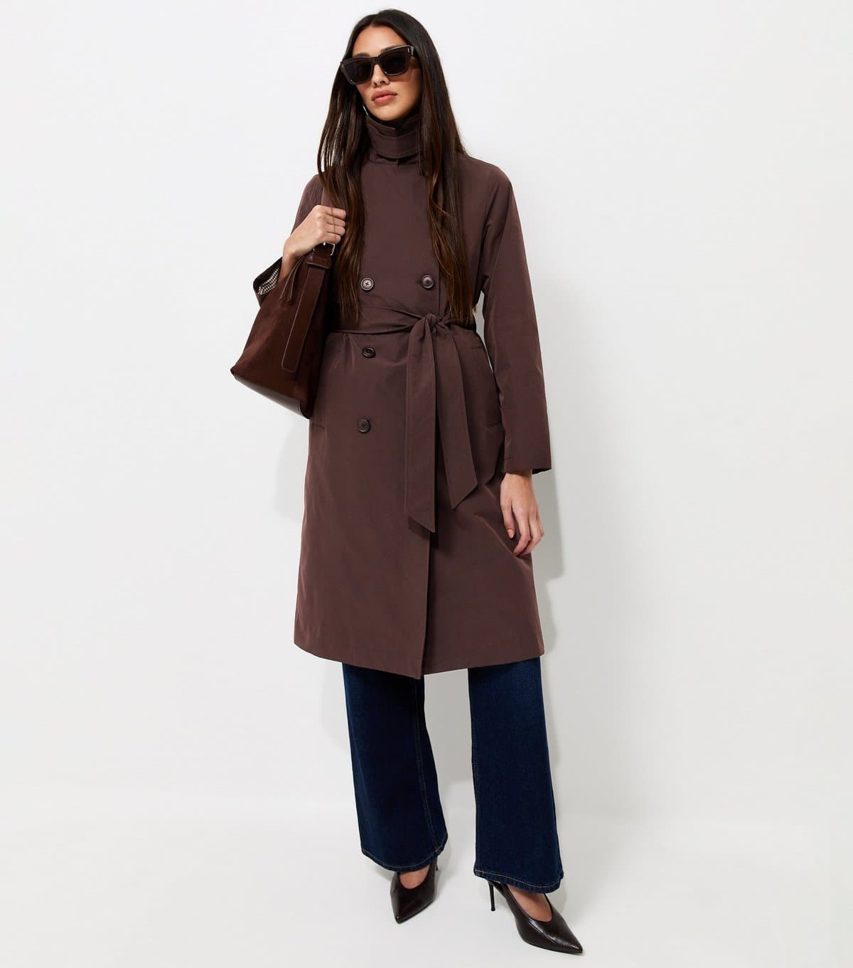 New Look Women's Dark Brown Double Breasted Trench Coat New Look