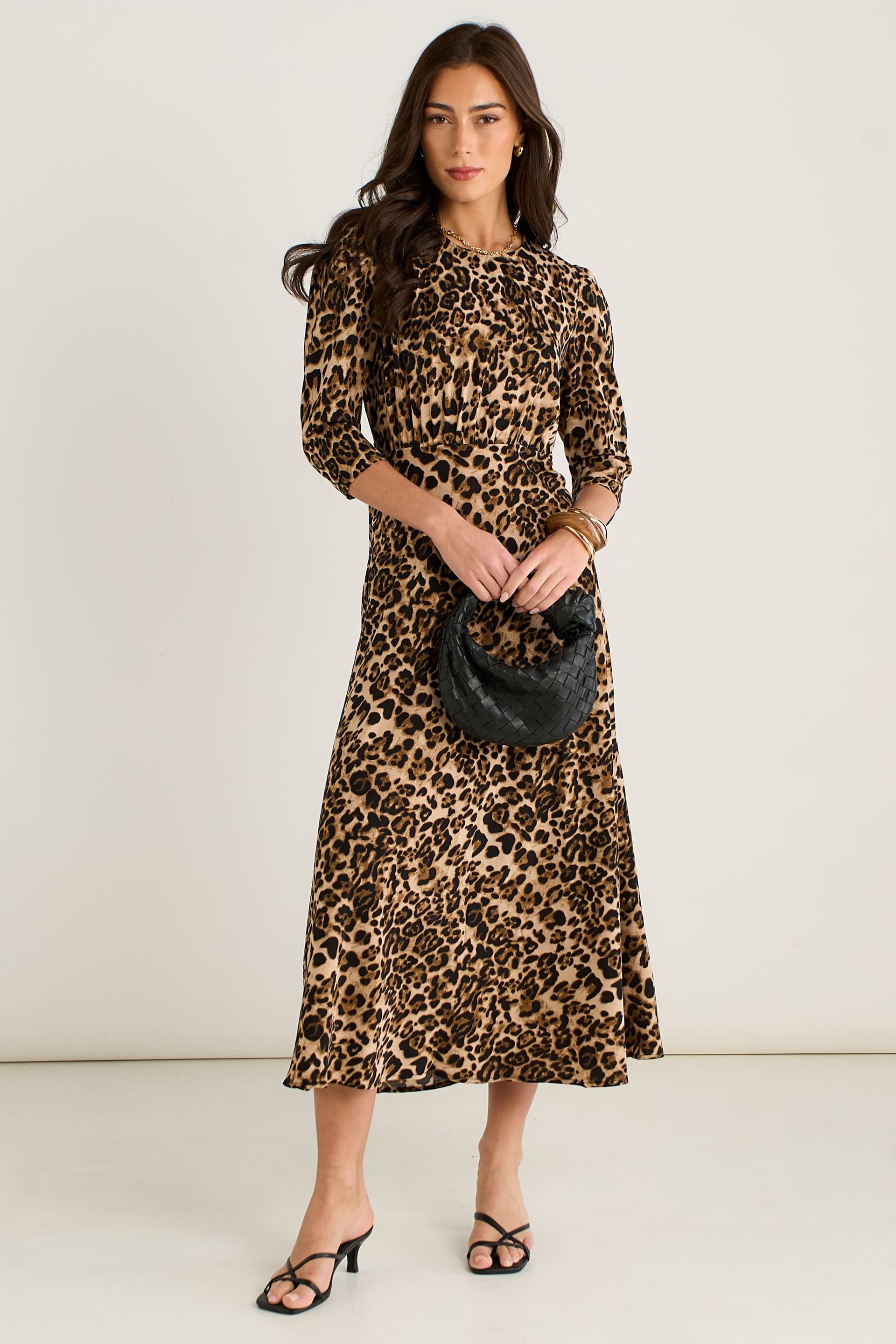 Gini London Gini London Women's Brown Animal Print Satin Animal Shift Midi Dress