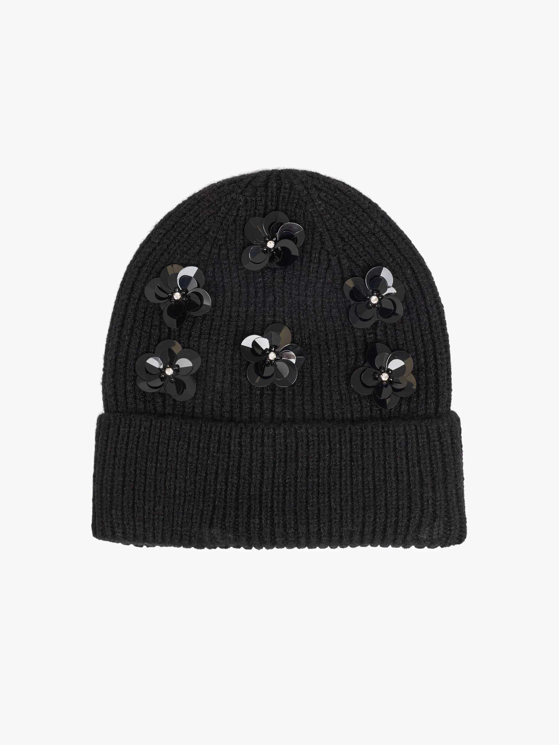 French Connection Black Sequin Floral Applique Beanie Black