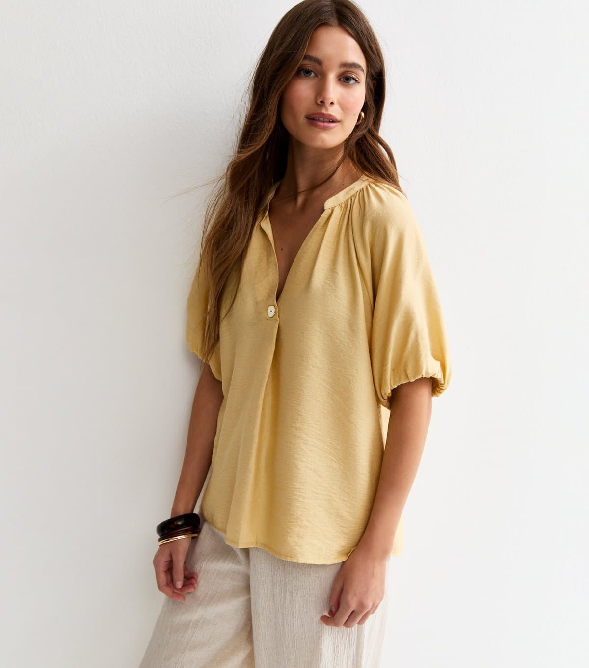 New Look Women's Yellow Puff Sleeve V-Neck Blouse New Look