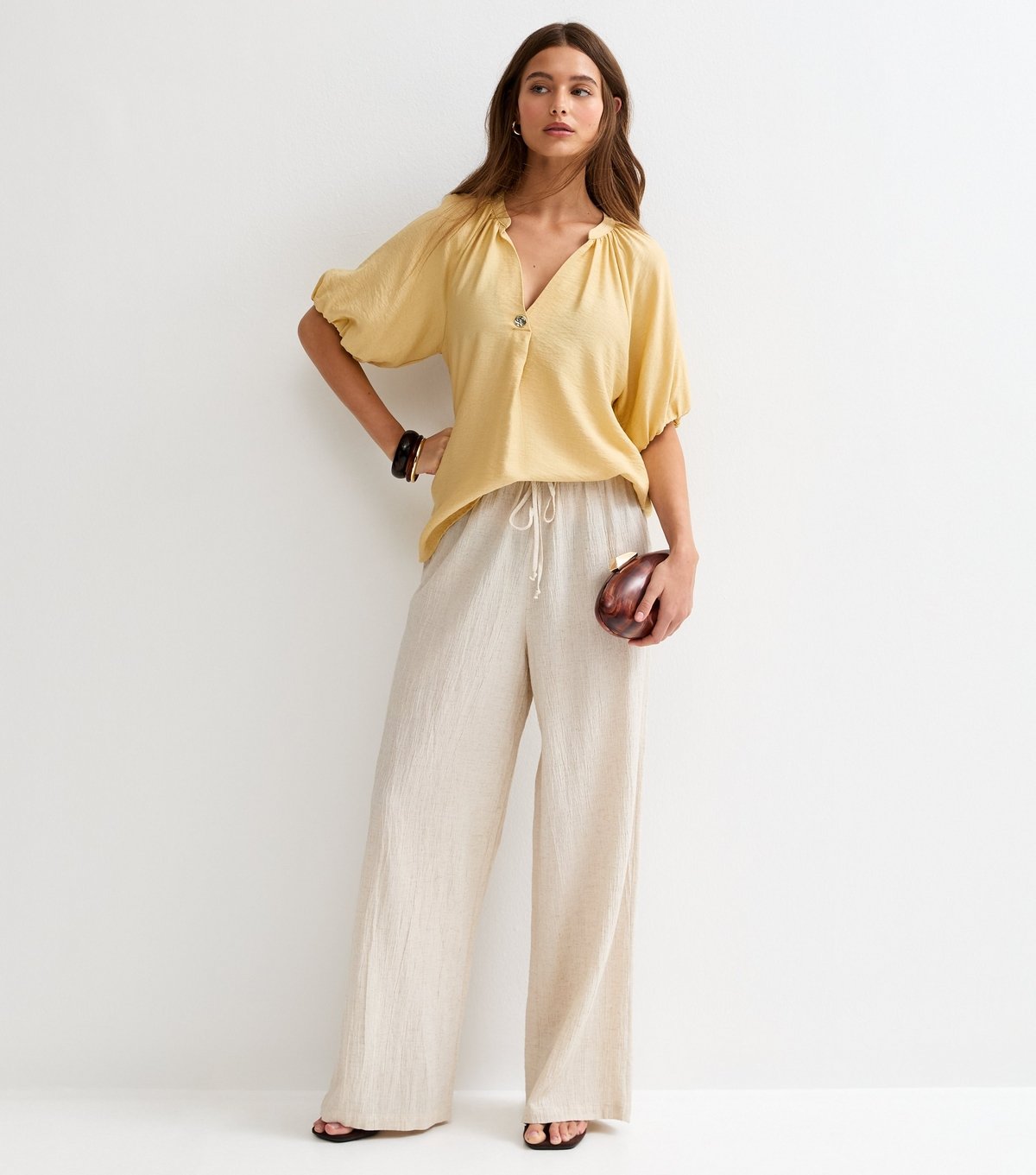 New Look Women's Yellow Puff Sleeve V-Neck Blouse New Look - 3