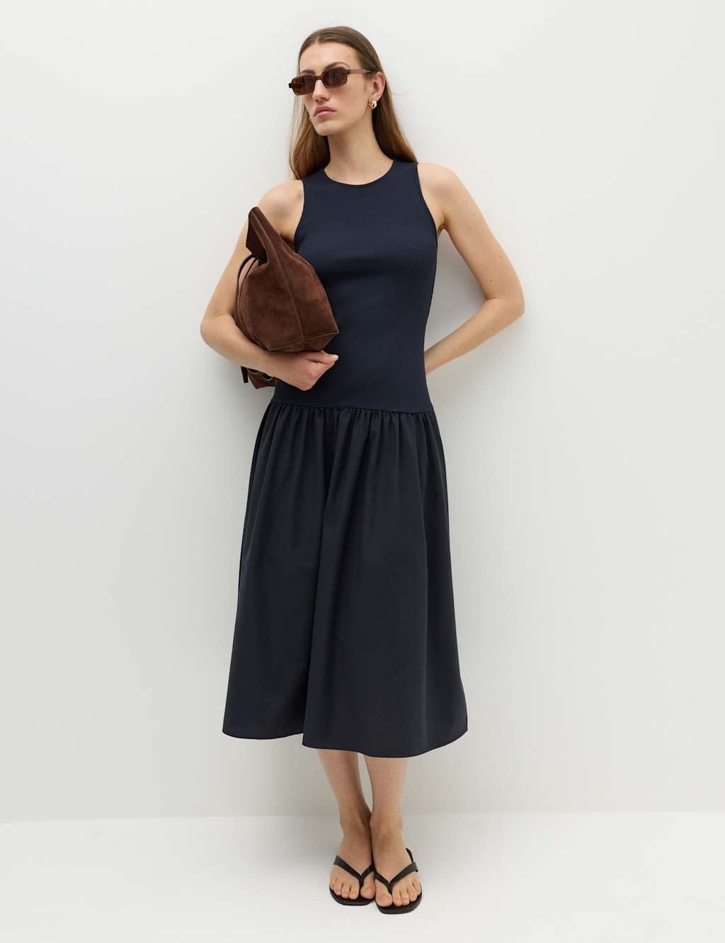 M&S Navy Jersey Ribbed Midi Drop Waist Dress