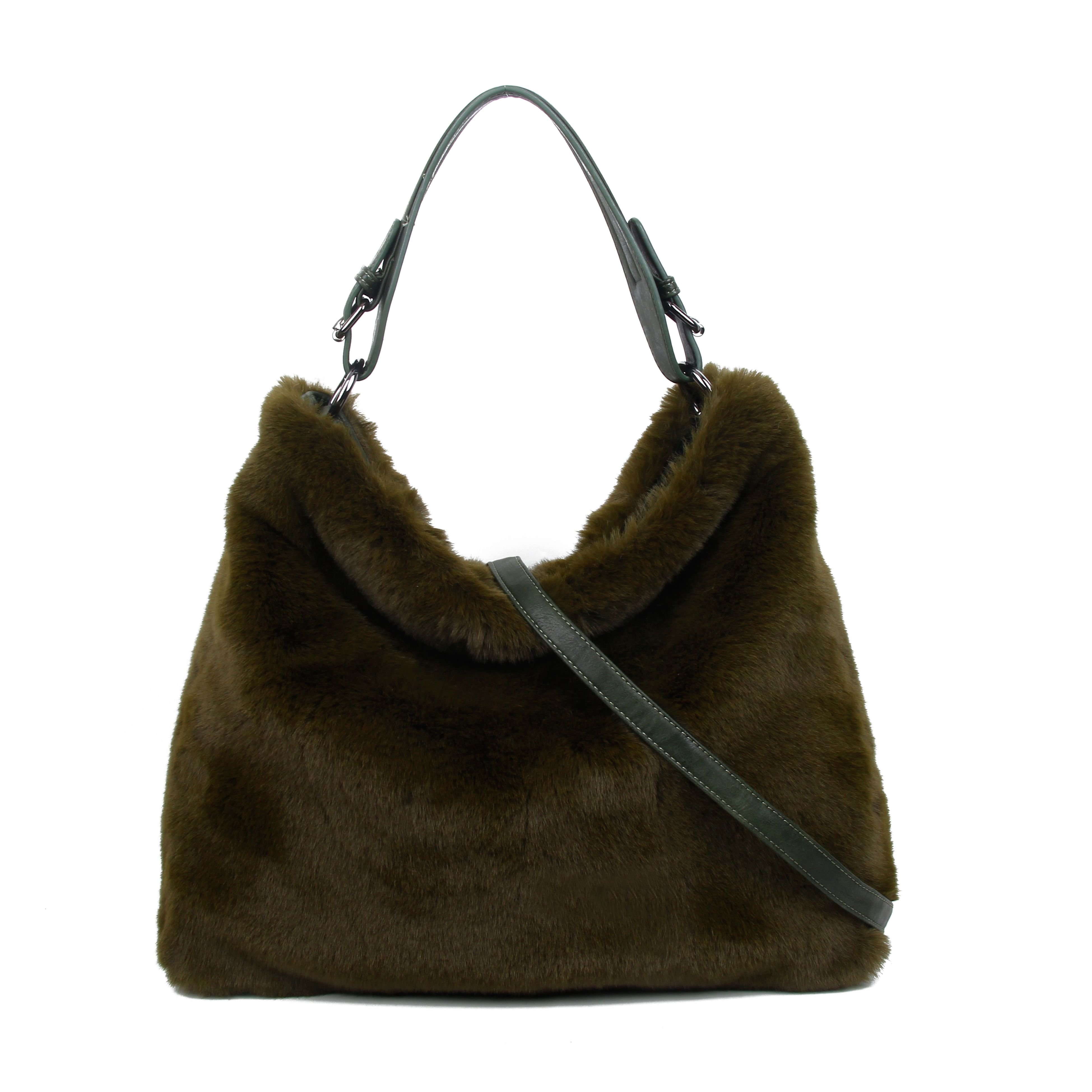 JFY JFY Women's Faux Fur Top Zip Closure Shoulder Bag in Dark Green - 1