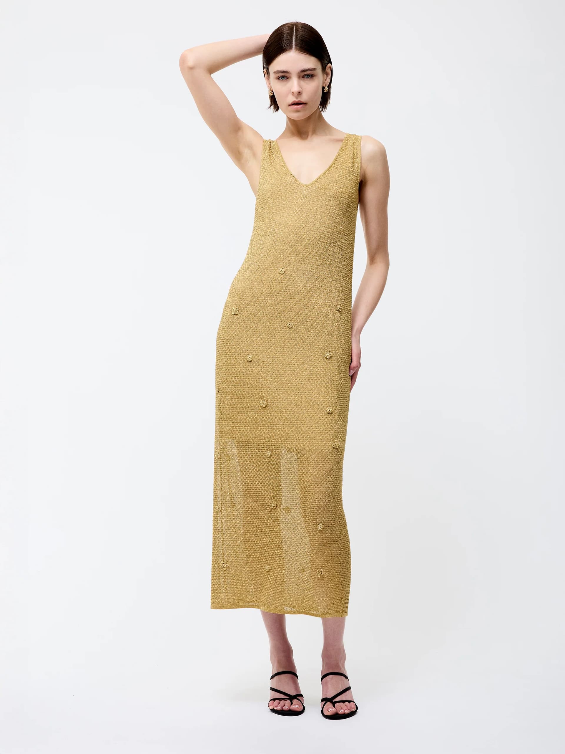 French Connection Floral Applique Metallic Midi Dress Gold
