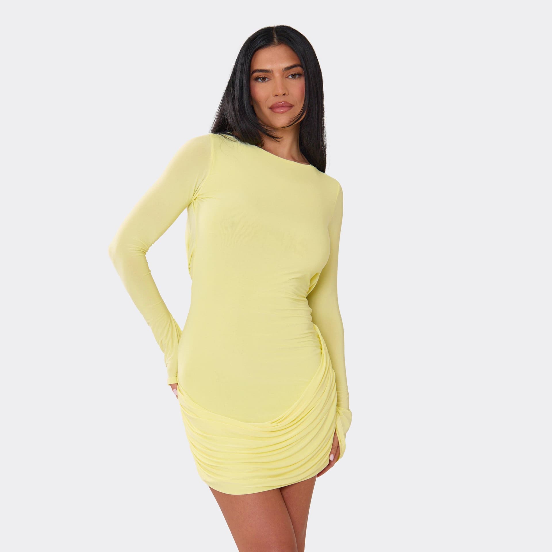 EGO Long Sleeve Drape Front Tie Back Mini Dress Lemon, Women's Size UK 6