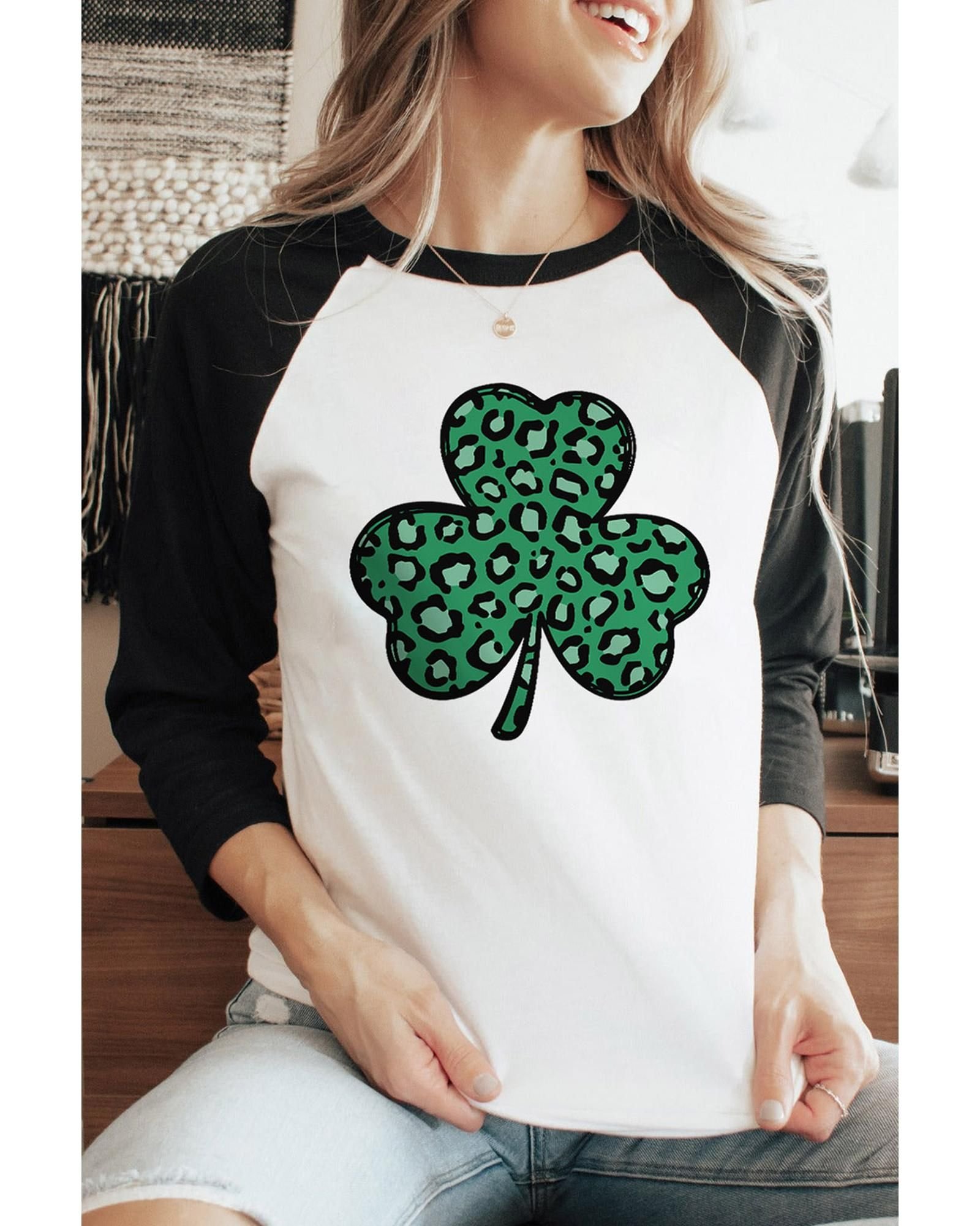 Azura Exchange Azura Exchange Women's Black Leopard Spotted Clover St Patric T-Shirt T-Shirts - 3