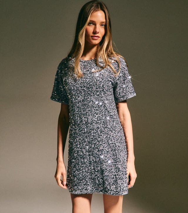 New Look Women's Silver Velvet Sequin T-Shirt Dress New Look - 2