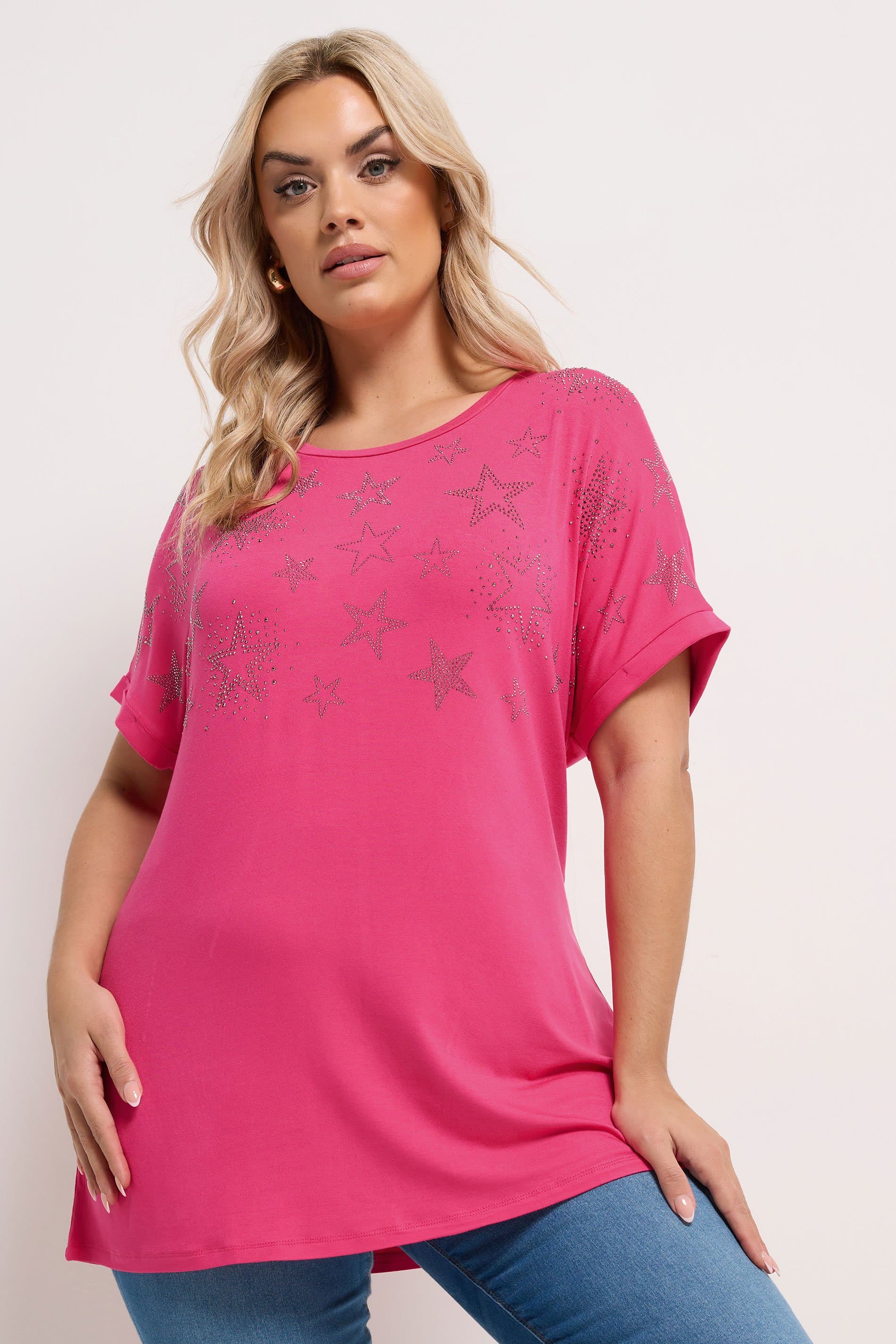 Yours Plus Size Pink Star Embellished Tshirt