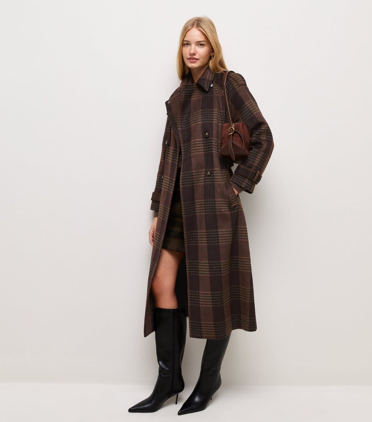 New Look Women's Tall Brown Check Pattern High Neck Belted Trench Coat New Look