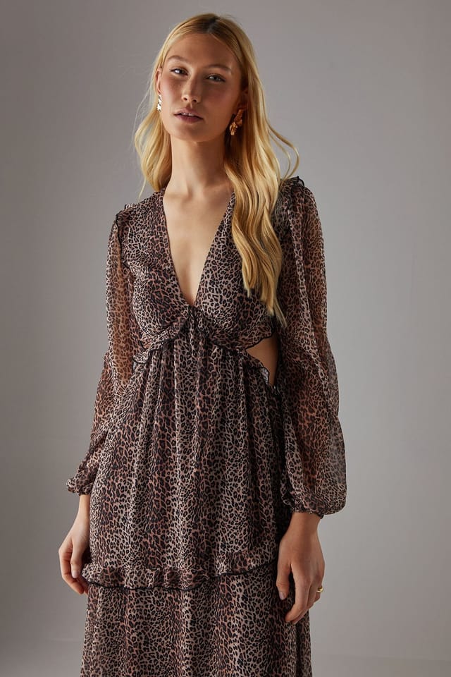 Warehouse Warehouse Women's Chiffon Cut Out Waist Ruffe Maxi Dress in Animal - 2