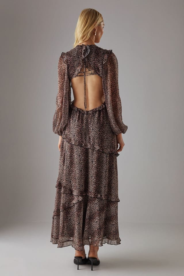 Warehouse Warehouse Women's Chiffon Cut Out Waist Ruffe Maxi Dress in Animal - 3