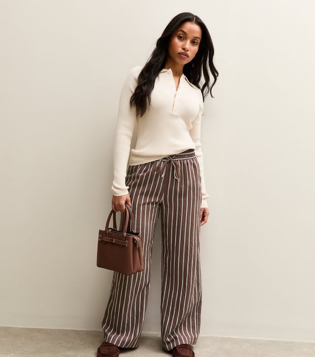 New Look Women's Petite Brown Striped Drawstring Wide Leg Trousers New Look - 3