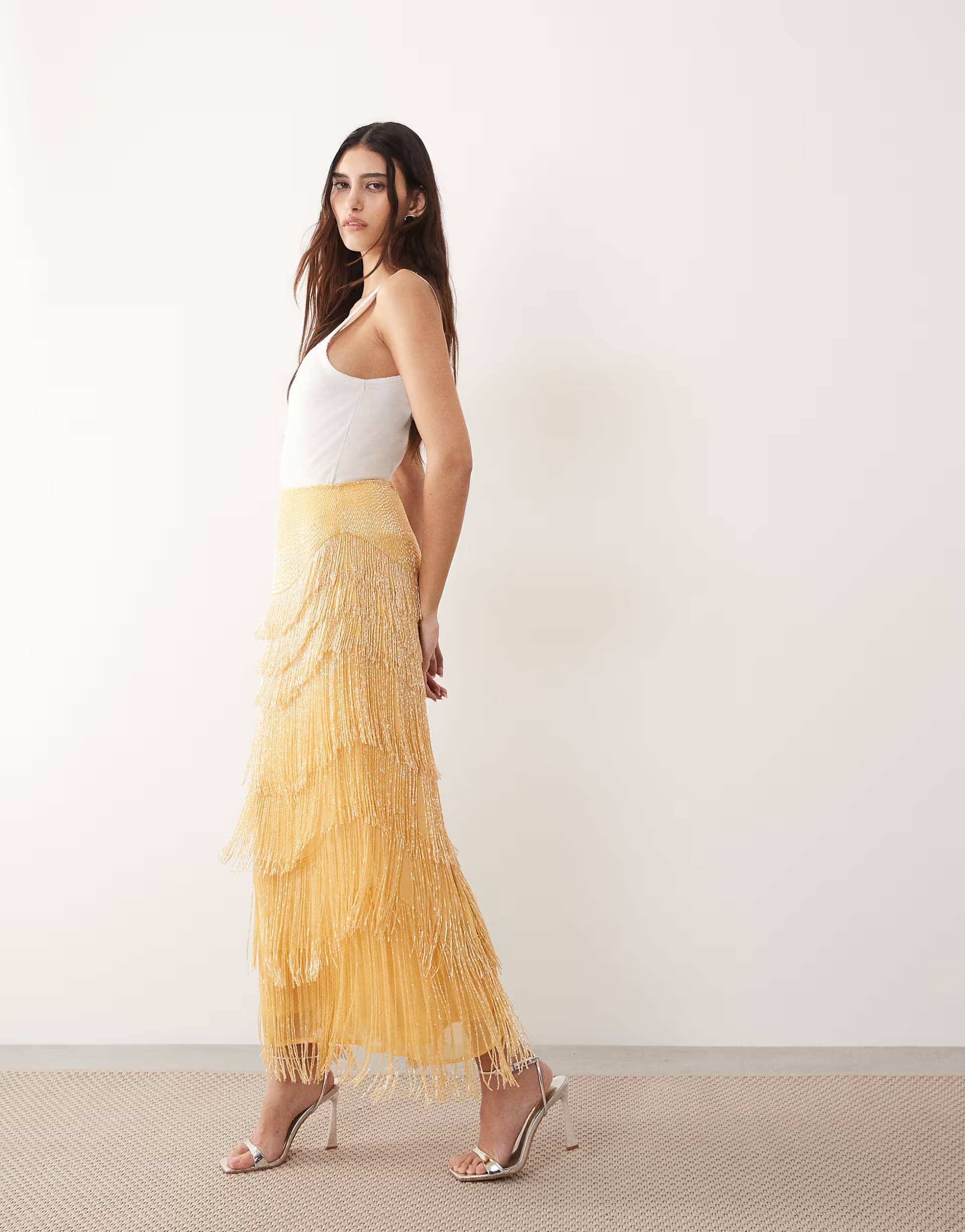 ASOS ASOS Yellow Beaded Fringe Column Midi Skirt