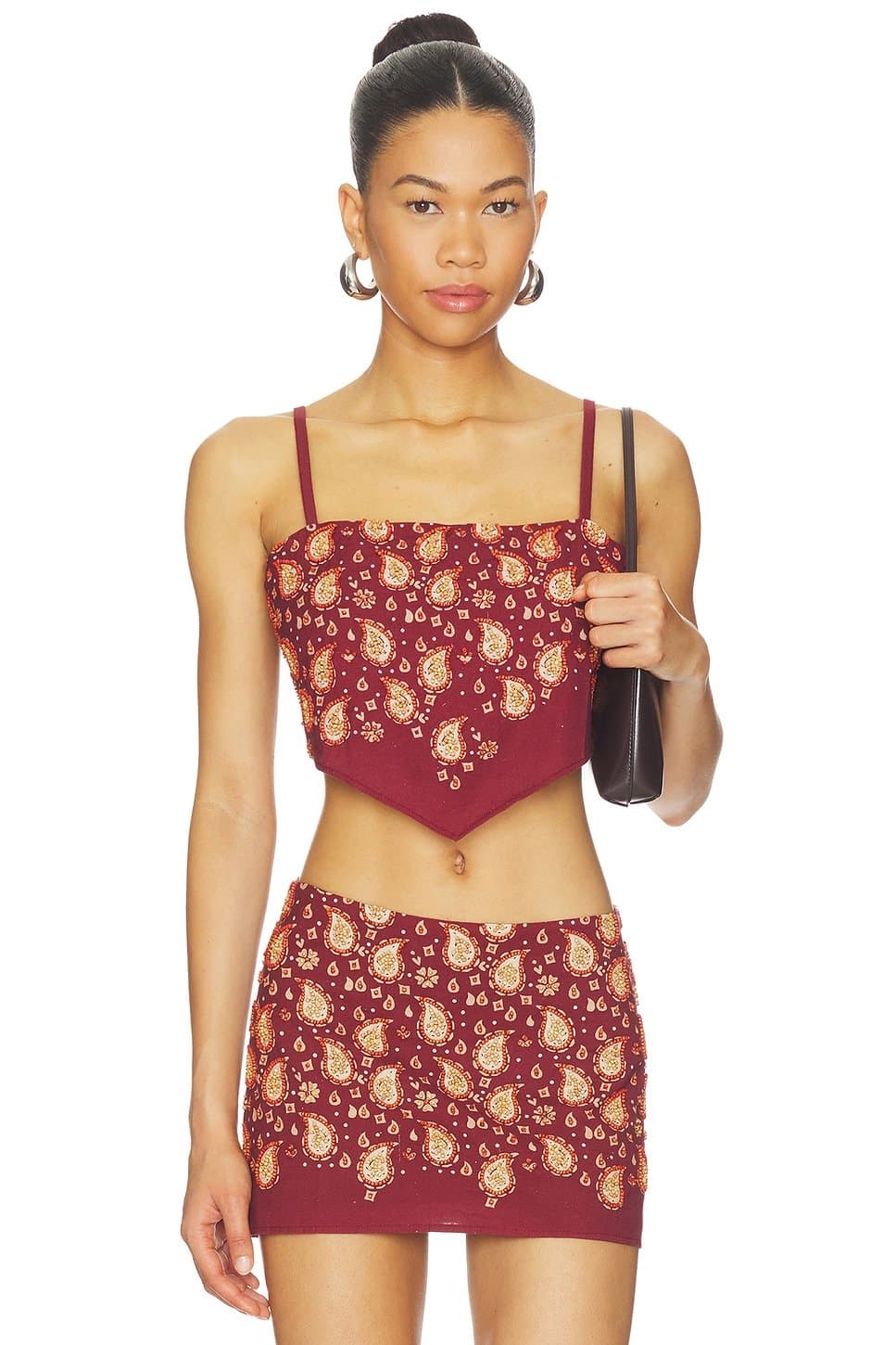 revolve Revolve Red Beaded Paisley Crop Top & Skirt Set