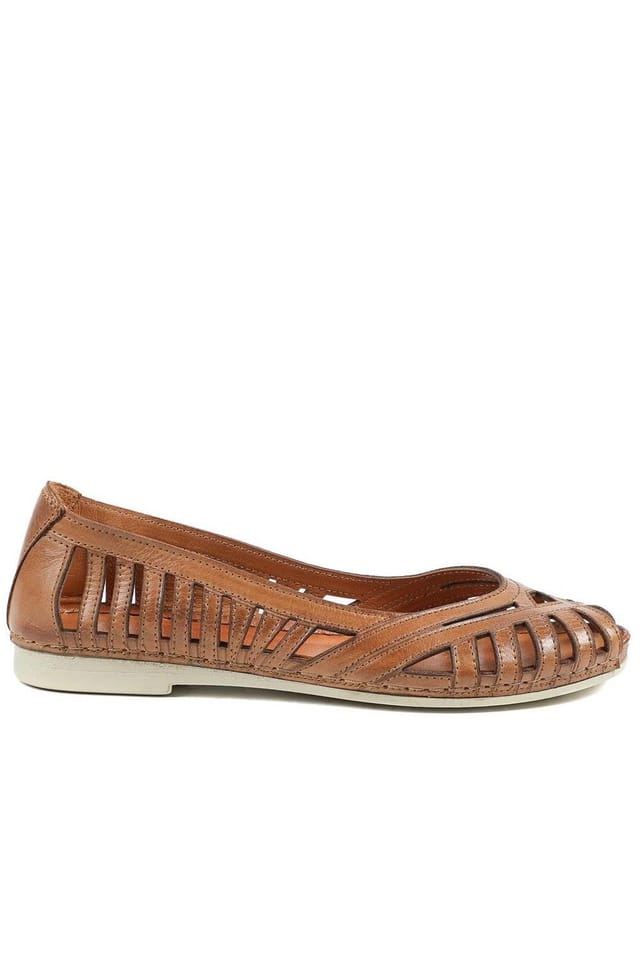 Pavers Pavers Women's Leather Cut Out Peep Toe Flats in Tan - 2