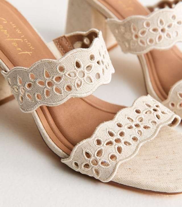 New Look Women's Off White Woven Scallop Edge Floral Cut Out Strap Sandals Vegan New Look - 3