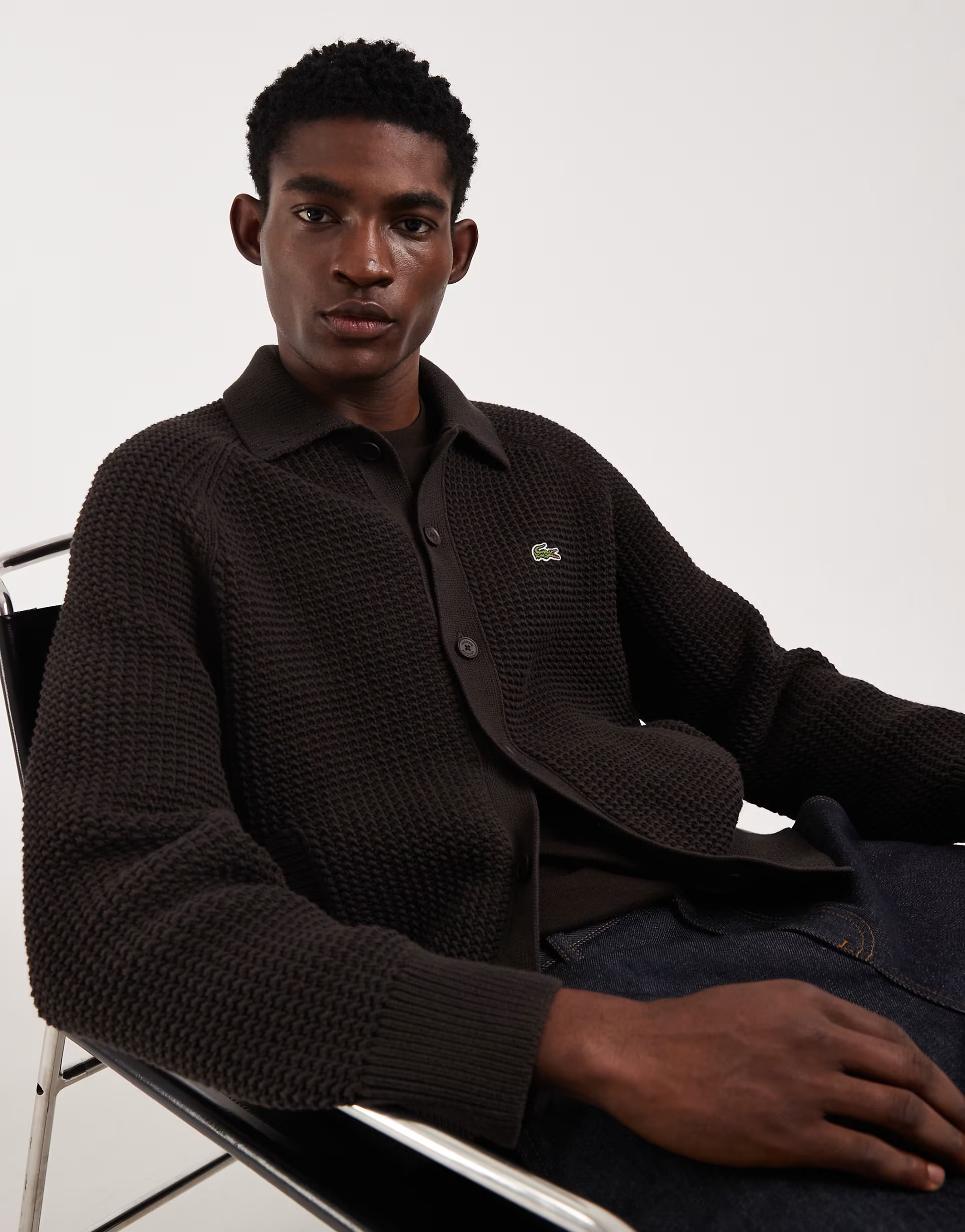 ASOS Lacoste button through knitted cardigan in brown - 1