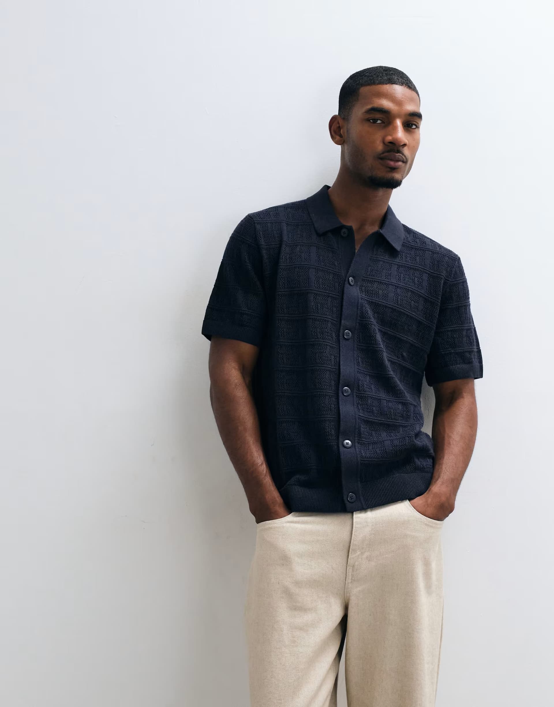 ASOS Jack & Jones Premium square pattern knit button down shirt in navy