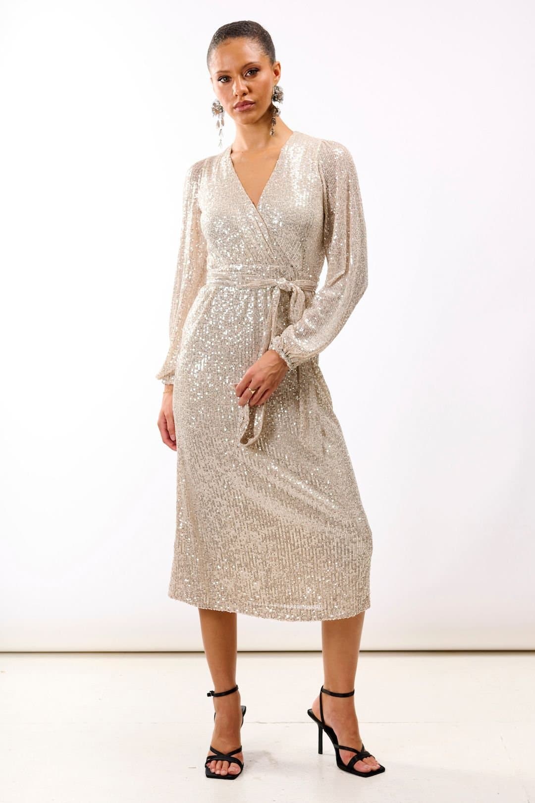 Needs No Label Needs No Label Women's Cream Sequin Wrap Midi Dress