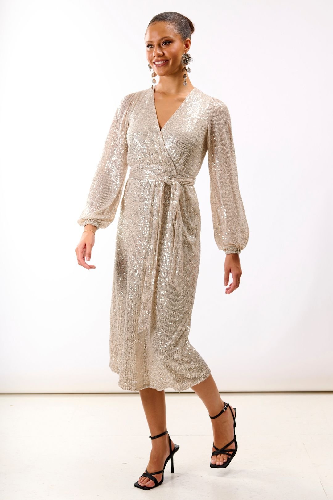Needs No Label Needs No Label Women's Cream Sequin Wrap Midi Dress - 3