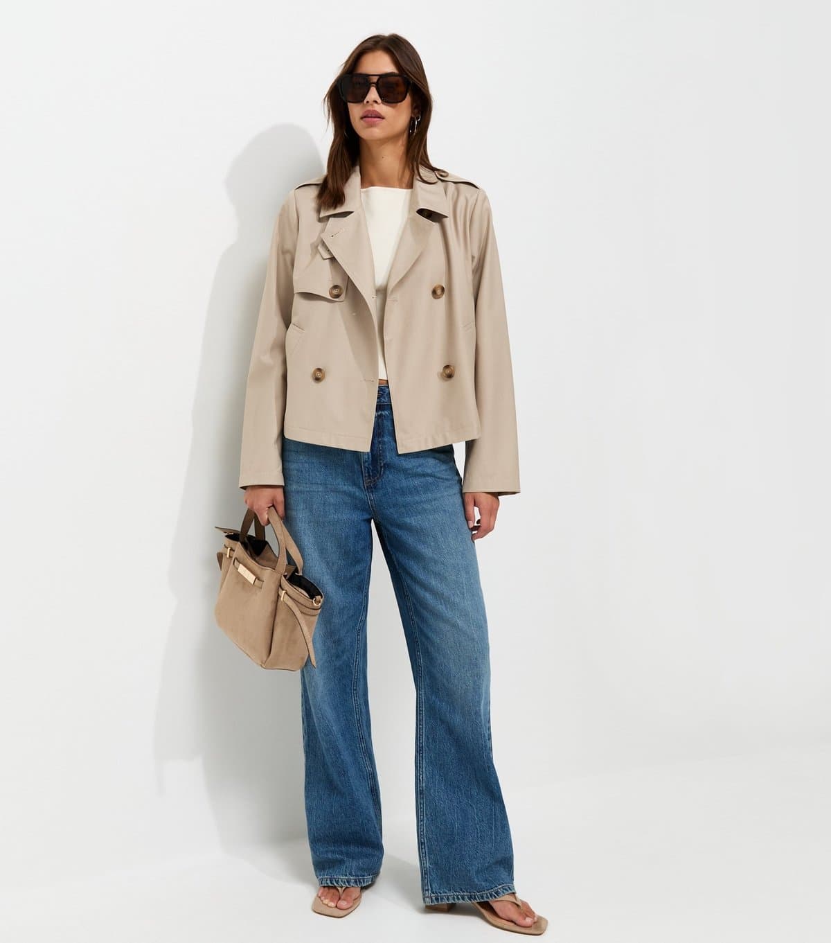 New Look Women's Cream Double Breasted Cropped Trench Jacket New Look