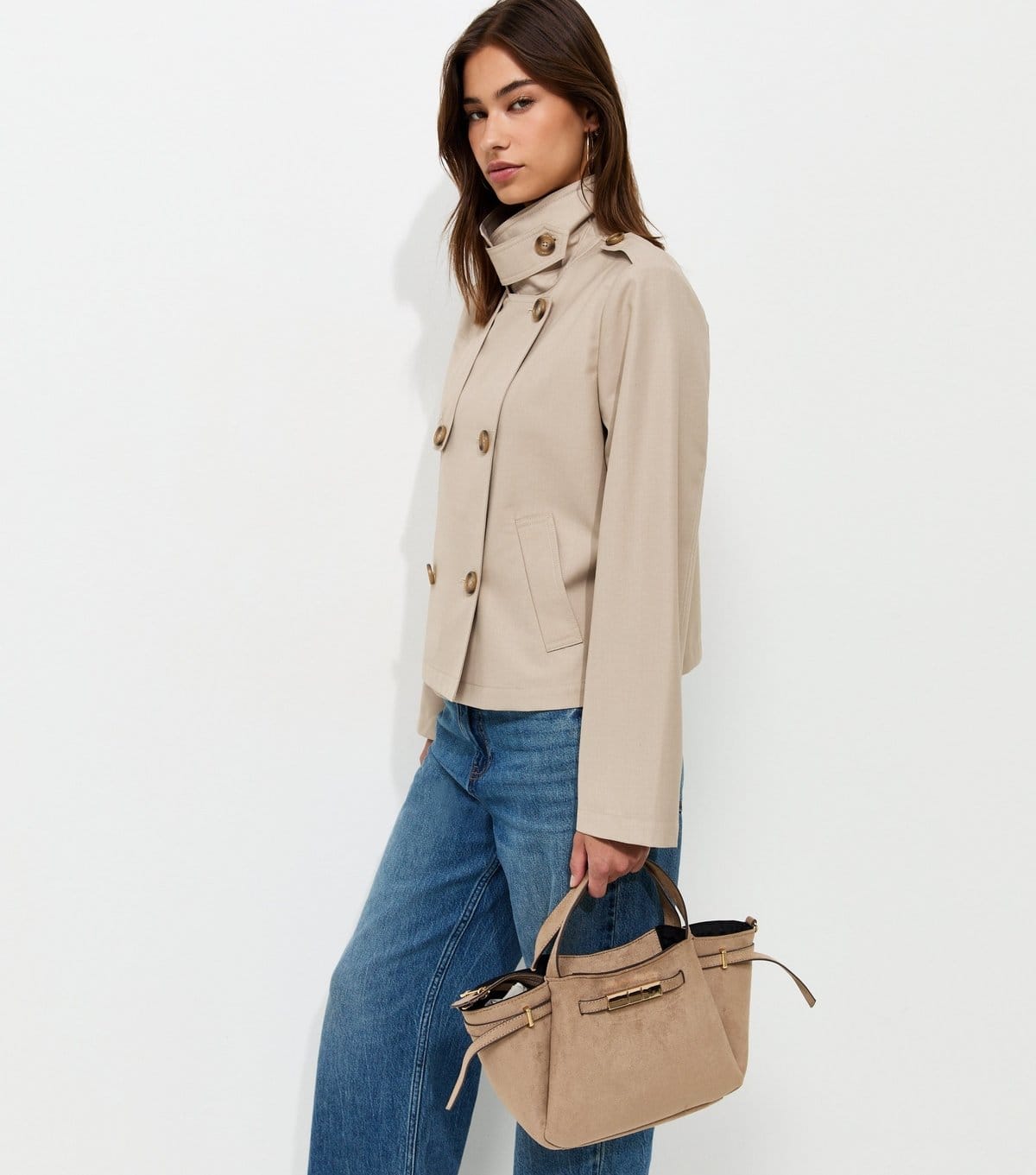 New Look Women's Cream Double Breasted Cropped Trench Jacket New Look - 4