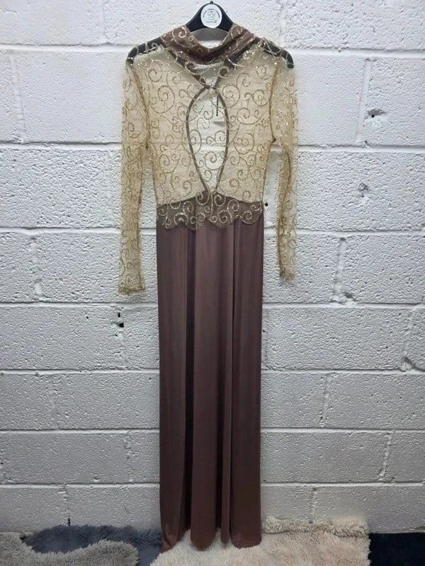 CBR Mocha Brown Long Sleeve Maxi Dress With Gold Glitter Lace