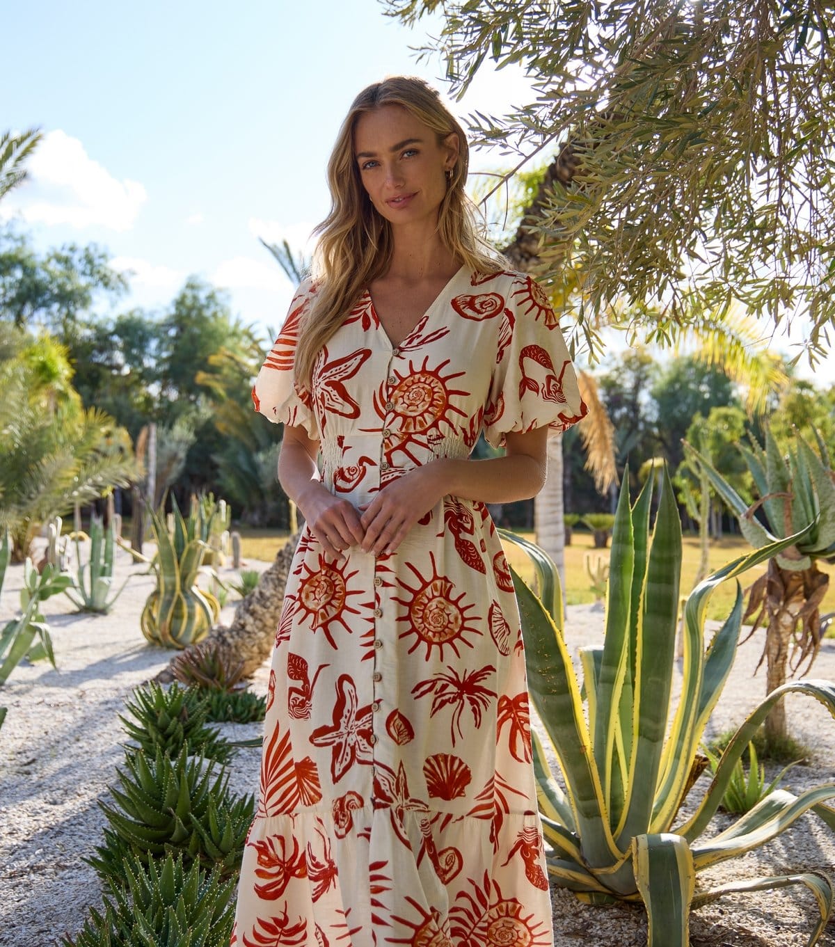 Blue Vanilla Orange Starfish Print Midi Dress