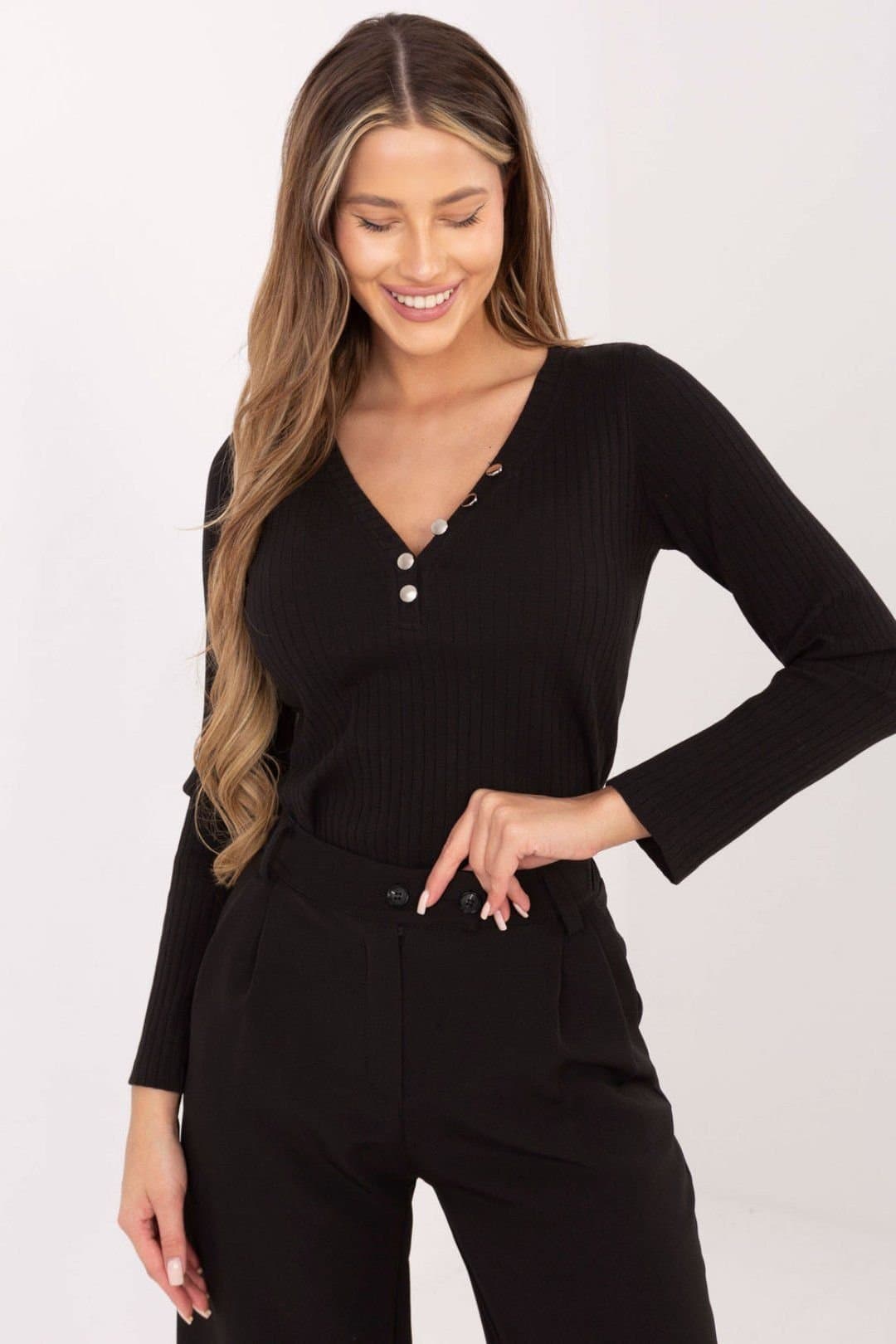 Love Lace Love Lace Women's Ribbed Cotton V Neck Blouse with Buttons in Black