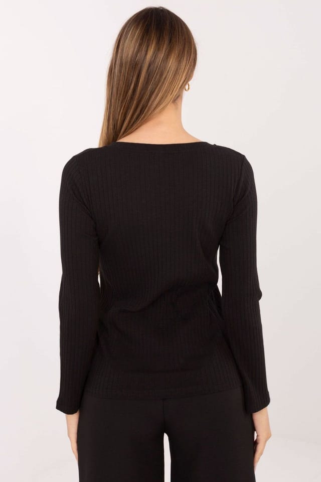 Love Lace Love Lace Women's Ribbed Cotton V Neck Blouse with Buttons in Black - 3